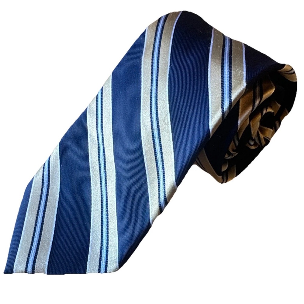 Nautica Men’s 100% Silk Tie Navy Tan & Lt Blue Diagonal Stripes Classic Necktie